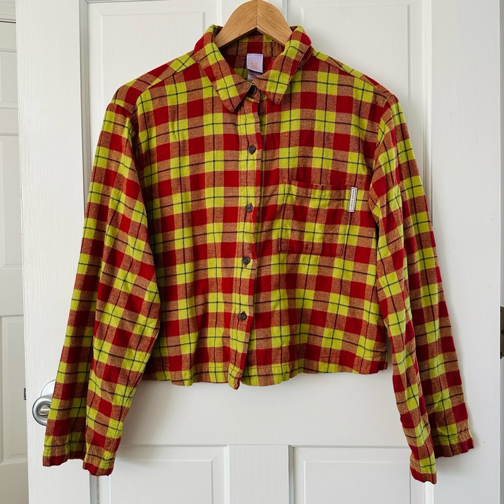Savage x Fenty Flannel Plaid Crop Sleep Top Bright Lime Green Red Shirt Size S